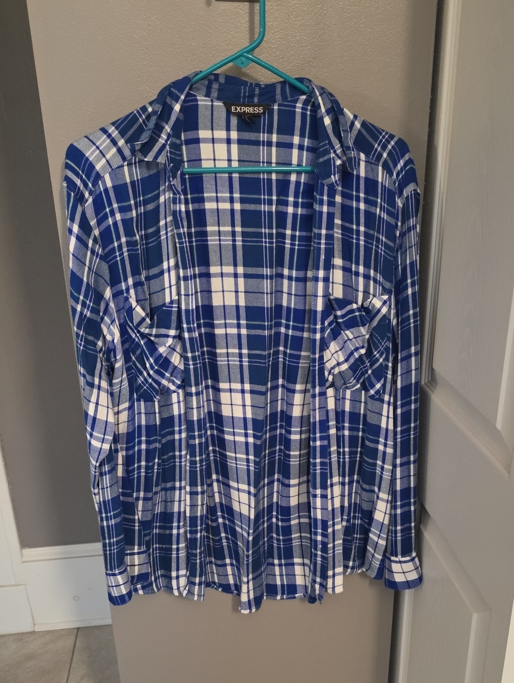 Express Blue and White Plaid Button-Down Shirt